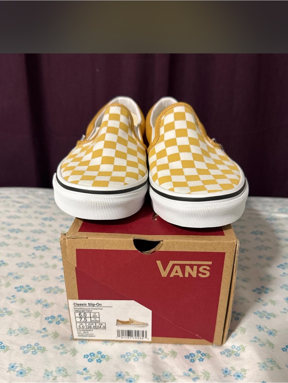 Brand new yellow and white checkered slip on vans